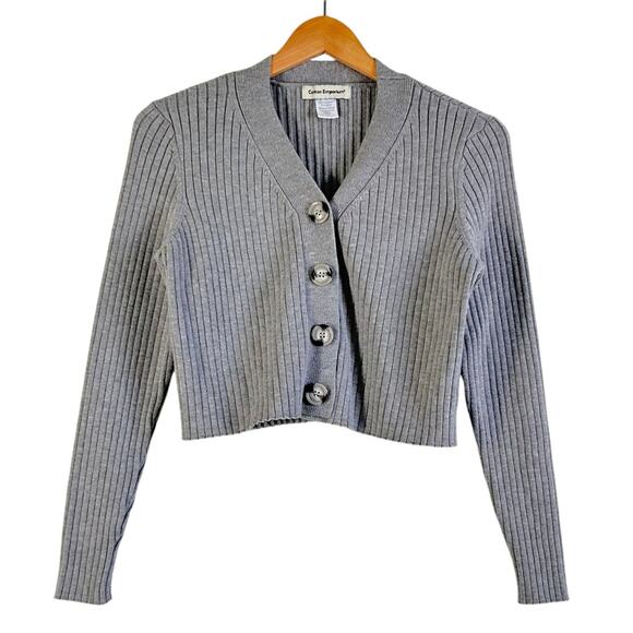 Cotton Emporium Ribbed Button Up Cropped Cardigan Sweater in Gray - Picture 1 of 4